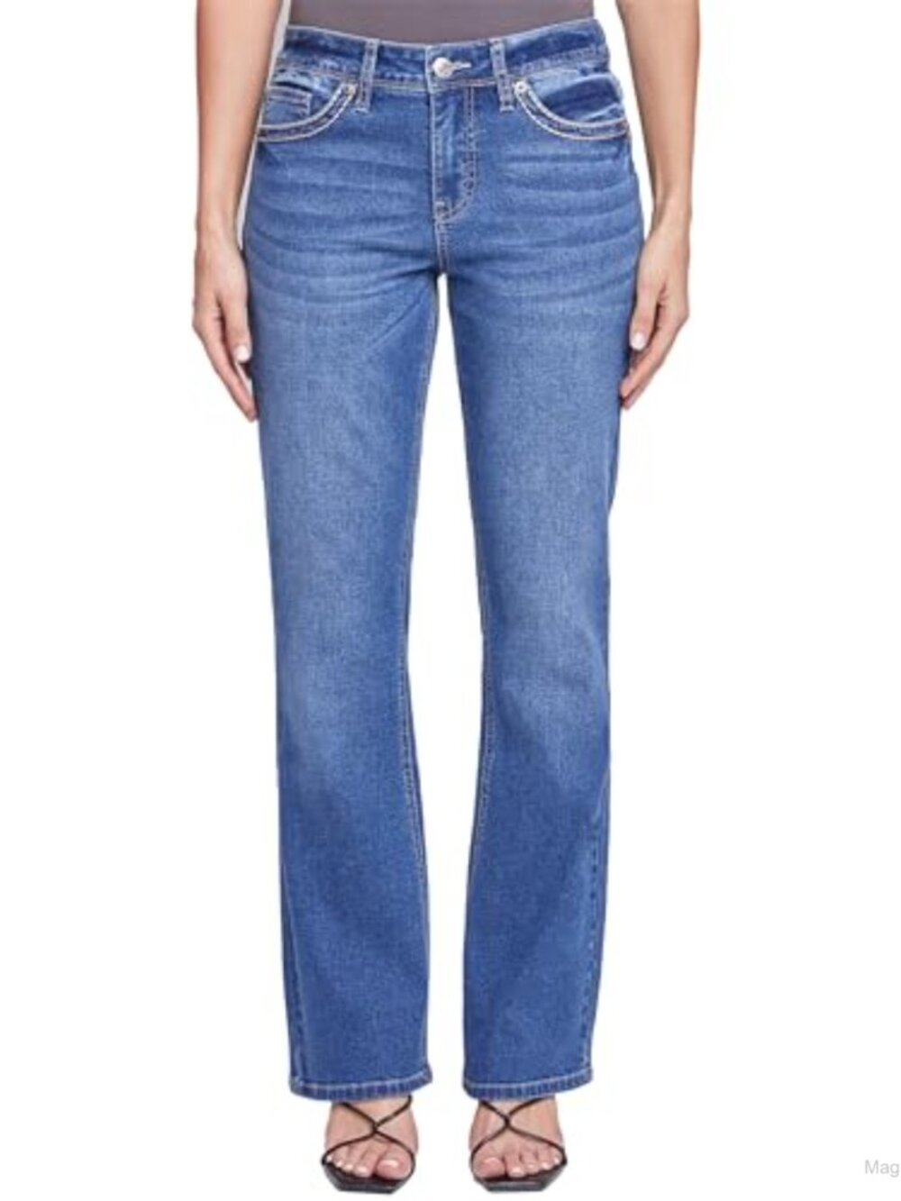 Mid-Rise Studded Cross Flap Pocket Boot Cut Jeans Stretch Denim